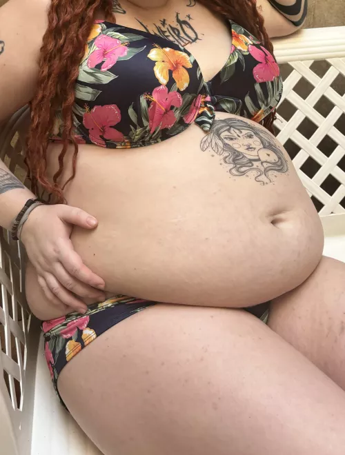 Stuffed so much that you can barely see my bikini bottoms 