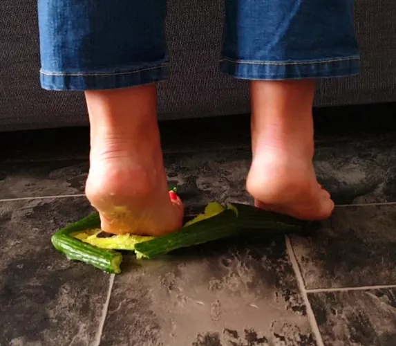Barefoot cucumber crushing. 
