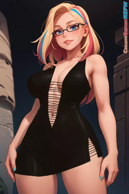 Blonde standing with leather dress