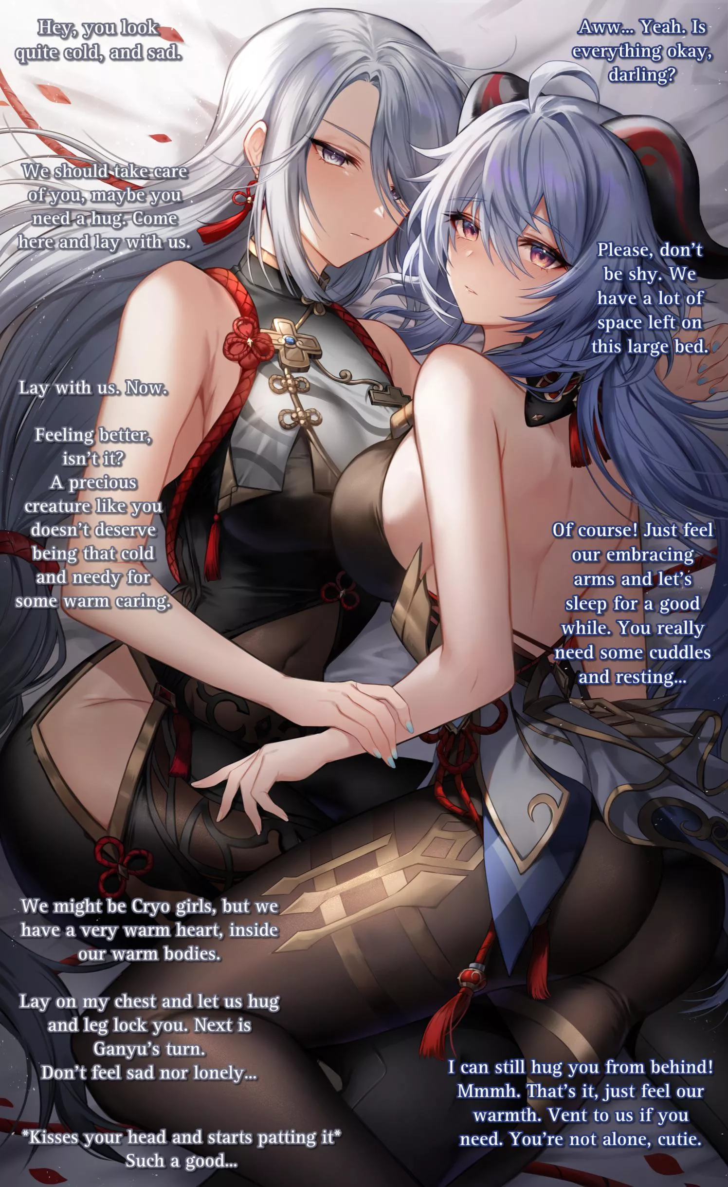 Heartwarming ice girls <3 [Genshin Impact] [Shenhe & Ganyu] [Gender Neutral POV] [No sex] [Cuddles & sleeping together] [Loving & caring] [Wholesome]