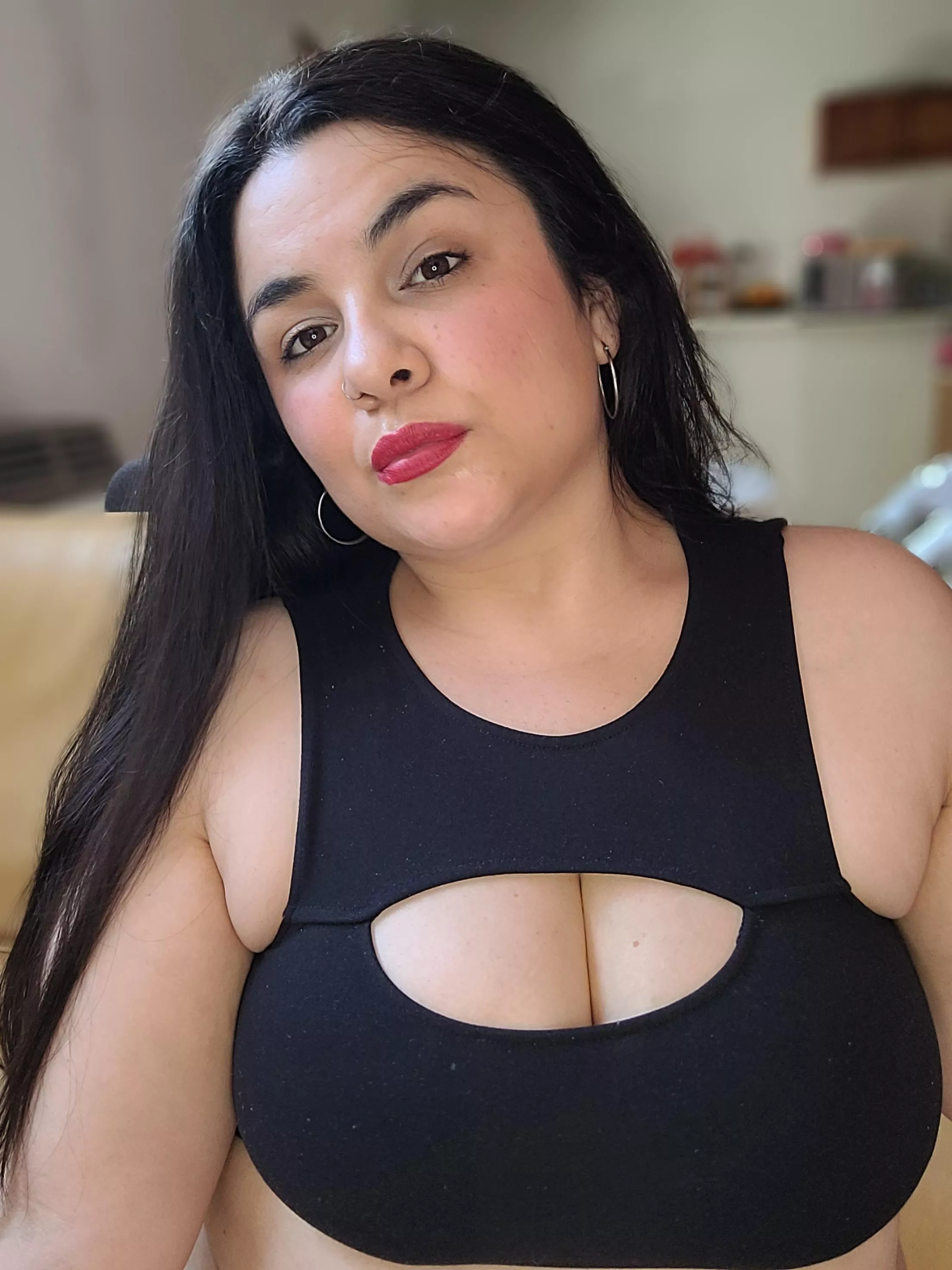 brunette with red lips. 