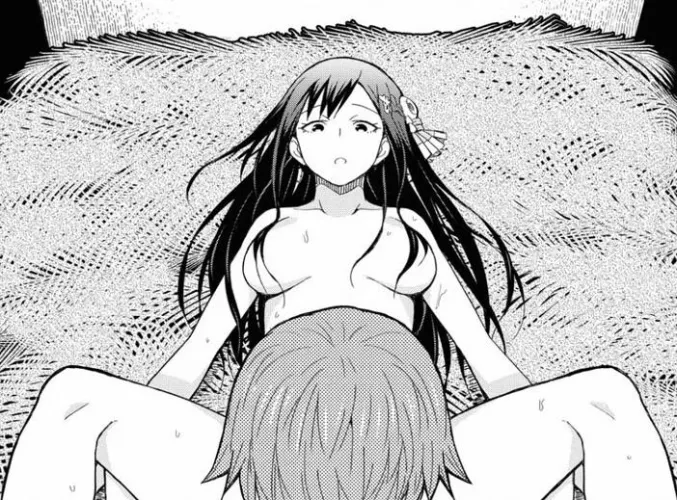 LF Mono Source: 1girl, 1boy, long hair, black hair, dark hair, hair ornament, nude, covered nipples, medium breasts, leg spread, sweating, laying down, bed