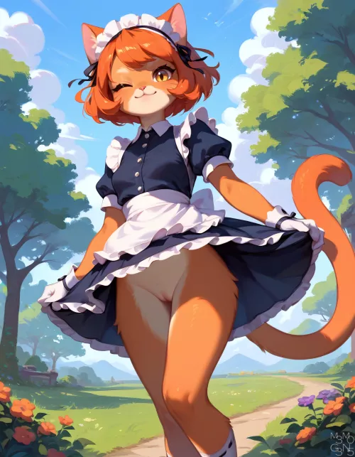 Neko maid shows you she can follow directions:  No Panties Allowed