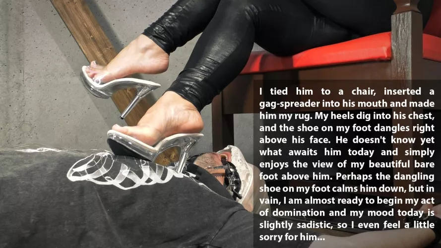 Obedient slave under my chair waits for his destiny