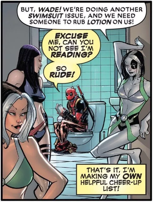 When X-Force babes ask Deadpool to rub thier body for return of Marvel swimsuit special. [Marvel Comic #1000 (2019) ]