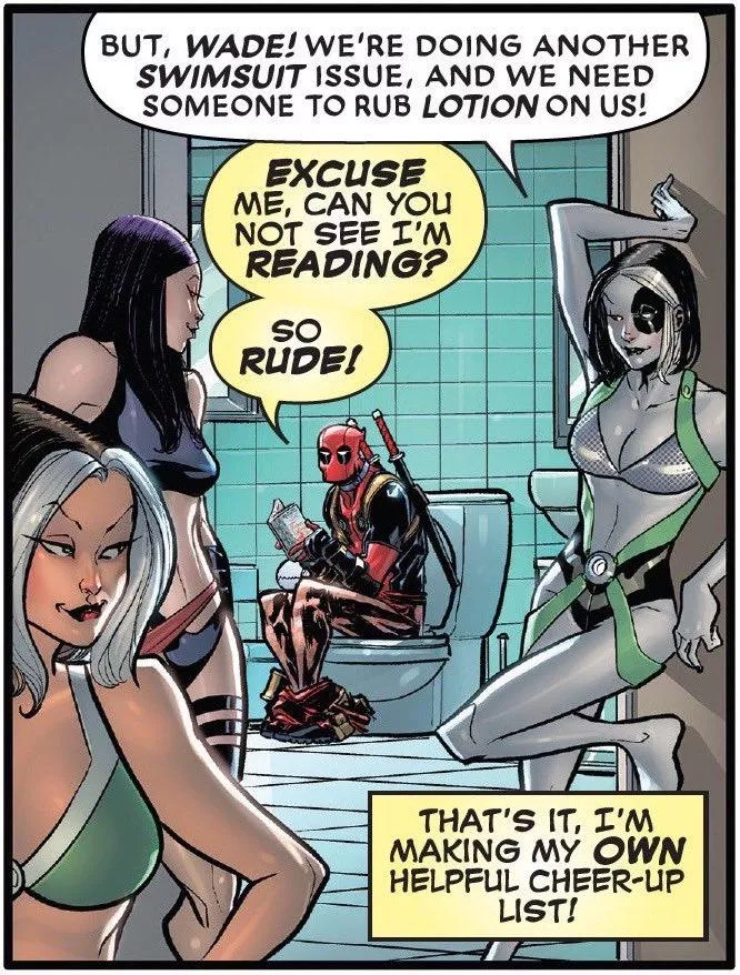 When X-Force babes ask Deadpool to rub thier body for return of Marvel swimsuit special. [Marvel Comic #1000 (2019) ]