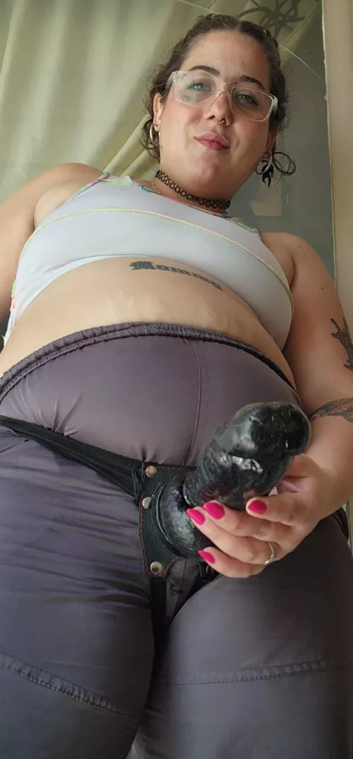 would you let a big strong woman like me take control of your tight asshole until I stretch it so far that this big rubber cock goes all the way into your hole? 