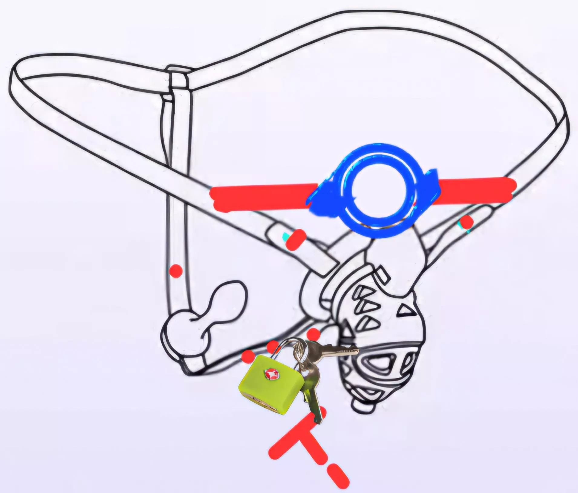 Locking leather Belt that has two loops to fit chastity cage , a ring above to hold a dildo, and a shock collar or tens unit mount underneath .