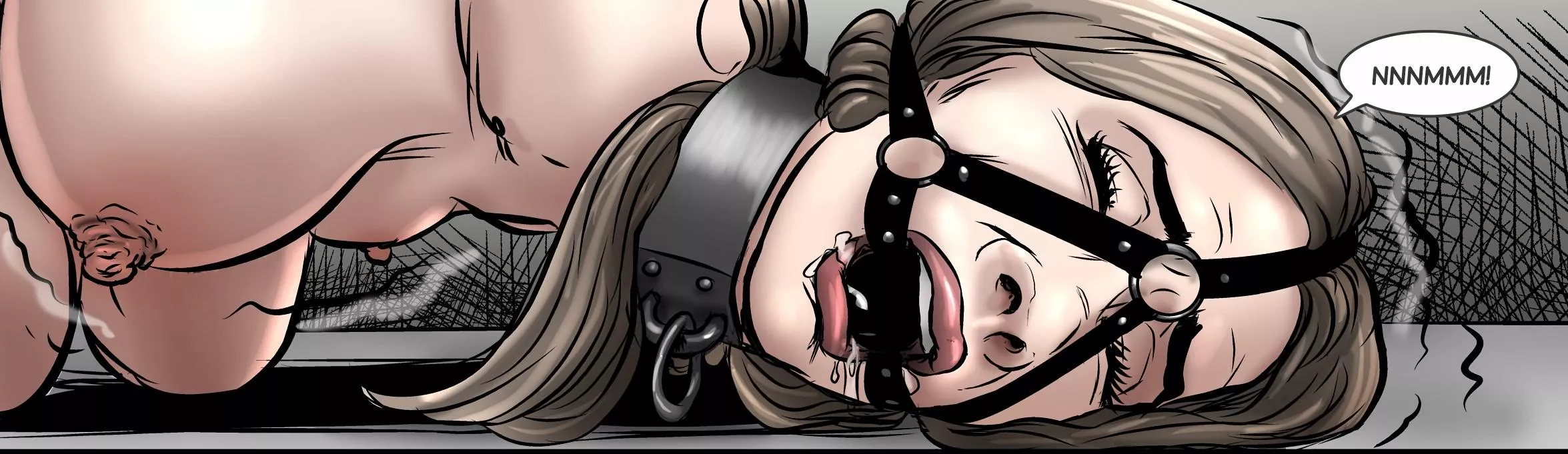 A slave in pain on the floor, tied and ballgag. What you thinking is happing to her?