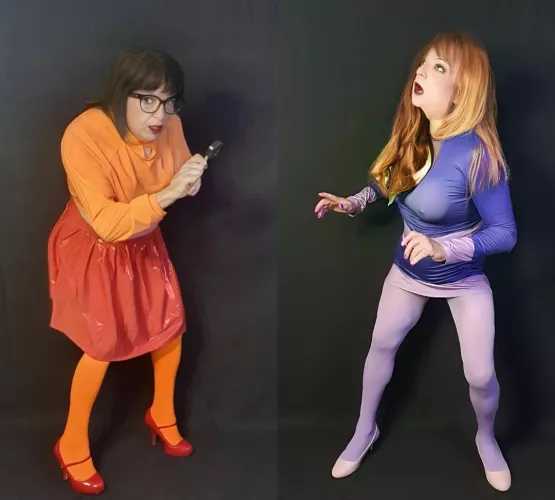 As it's Halloween, how about a sexy Velma & Daphne from Scooby doo in orange and purple nylons 