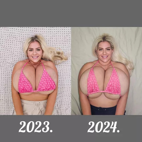 It's always fun to do this kind of comparisons. 😁 In this pose, it's less noticeable, but that poor bikini is stretched to the max. 😅 Would you like to see more comparisons?! Oh, and there's a complete 10-year timeline on my premium pages, so do