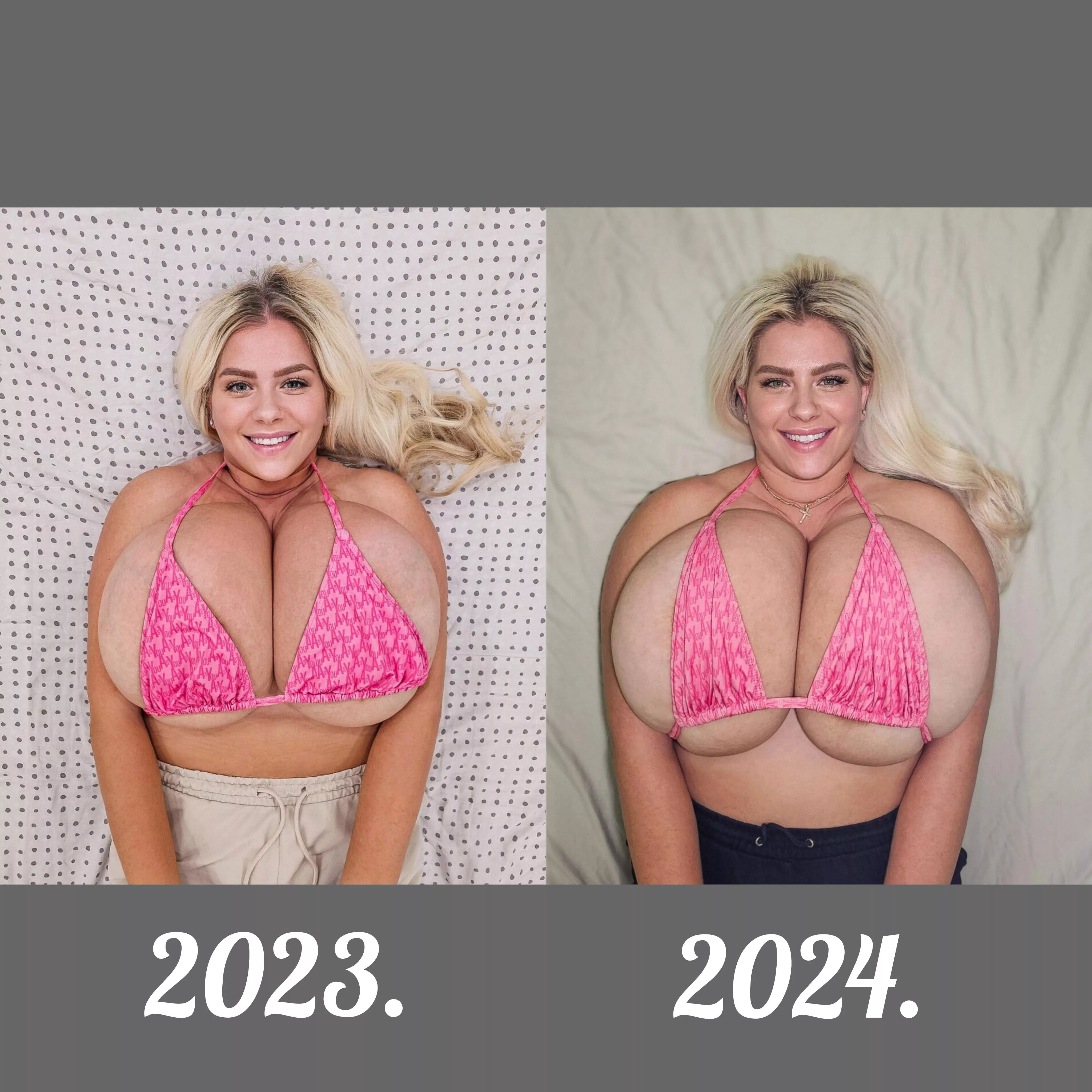 It's always fun to do this kind of comparisons. 😁 In this pose, it's less noticeable, but that poor bikini is stretched to the max. 😅 Would you like to see more comparisons?! Oh, and there's a complete 10-year timeline on my premium pages, so do