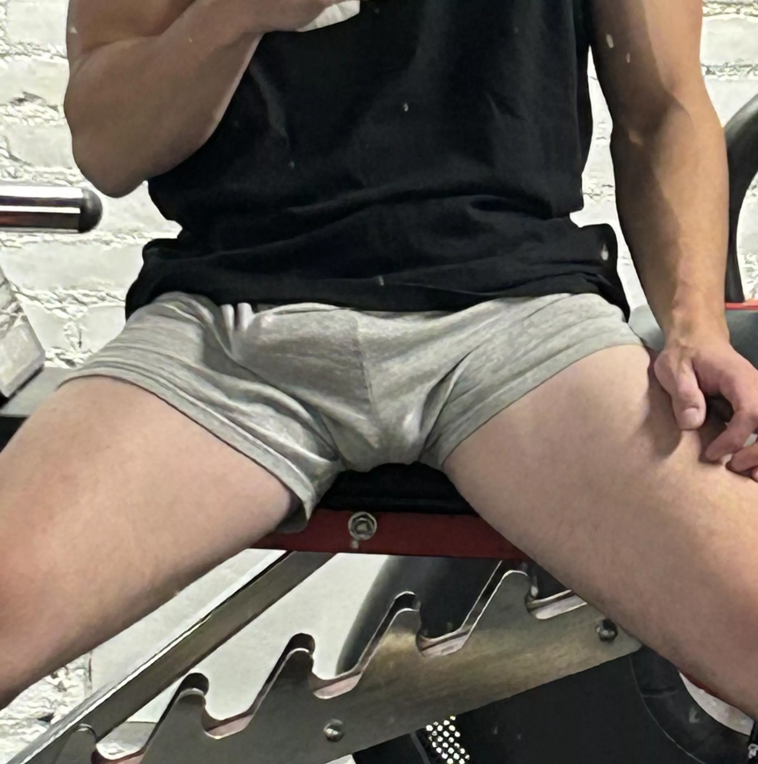 Light gray gum shorts don’t hide much 