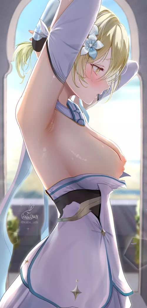 Lumine tying her hair