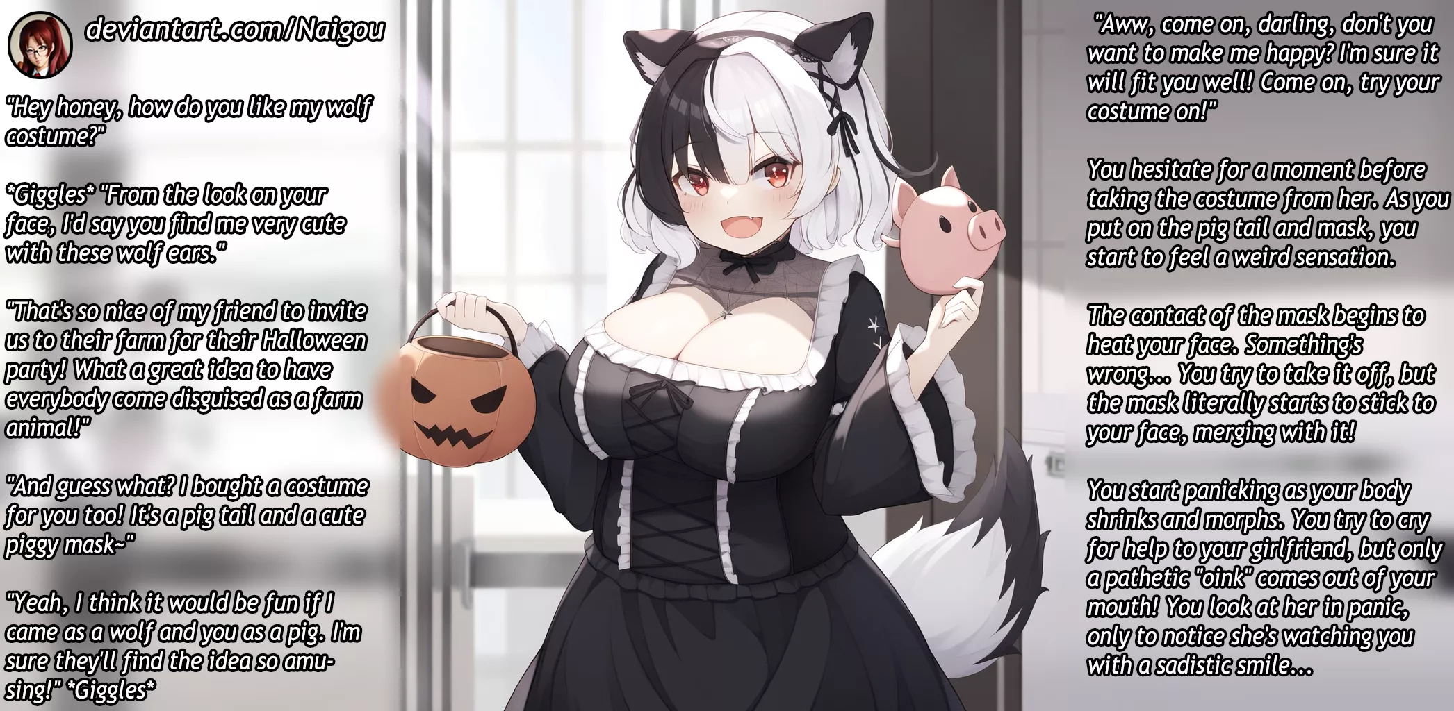 Become her pig for Halloween Part1 [commission][femdom][pig TF][transformation][pet play] [AI image]