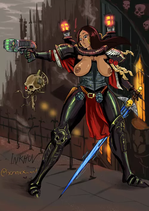 Oh! My chestplate flew off in the middle of defending Hive City :$ (@hornxx_art) source below
