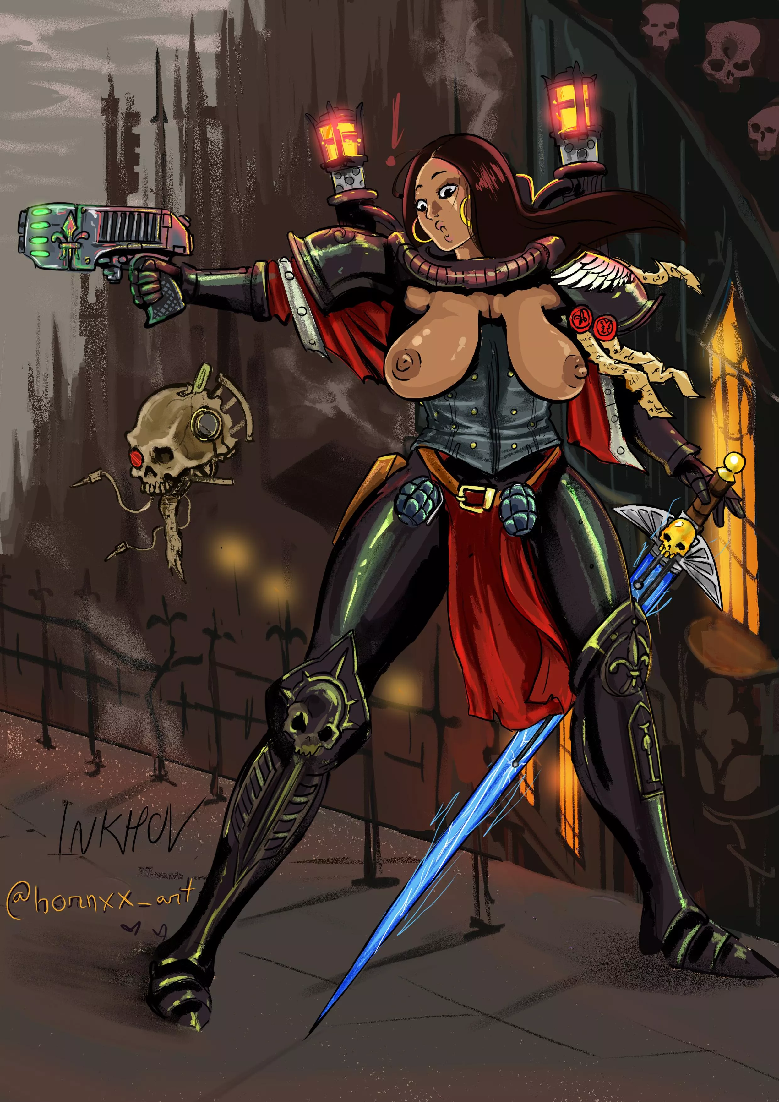 Oh! My chestplate flew off in the middle of defending Hive City :$ (@hornxx_art) source below
