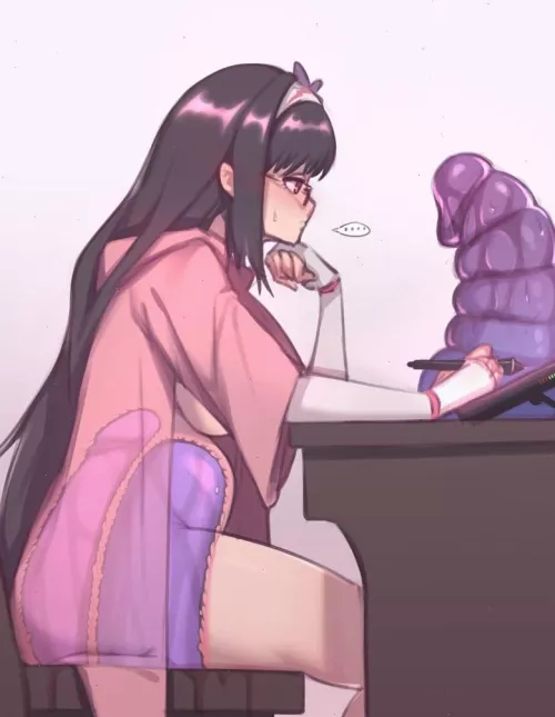 Warming up her holes while doing some drawing