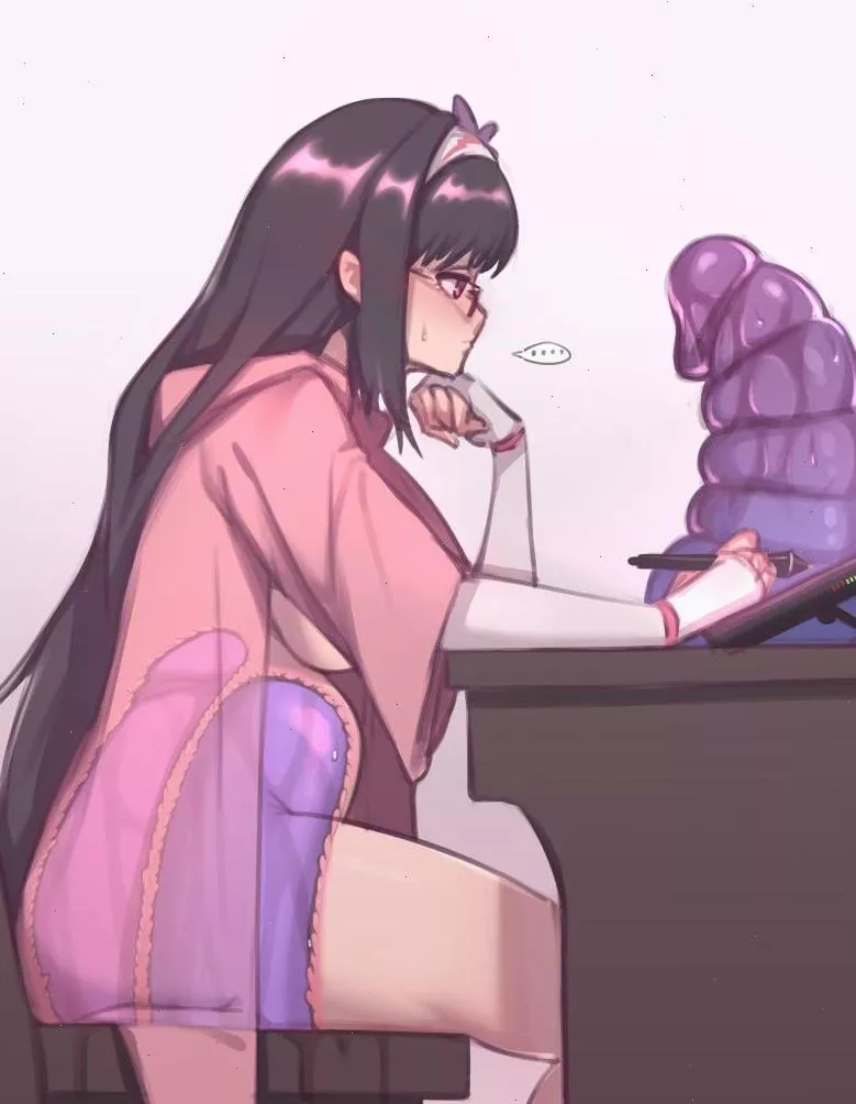 Warming up her holes while doing some drawing