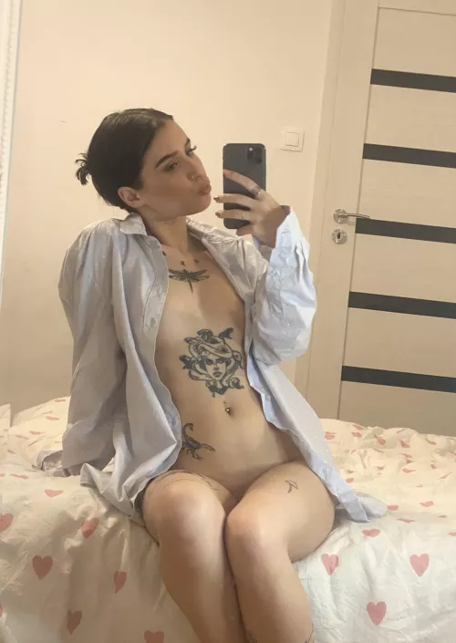 Wearing nothing but your shirt, waiting for you in bed ♡