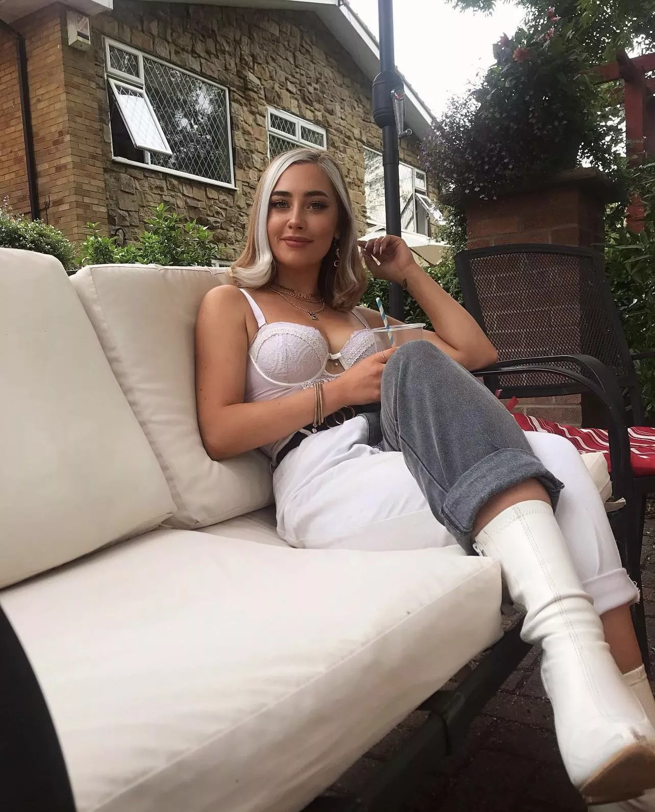 Basically in her bra 