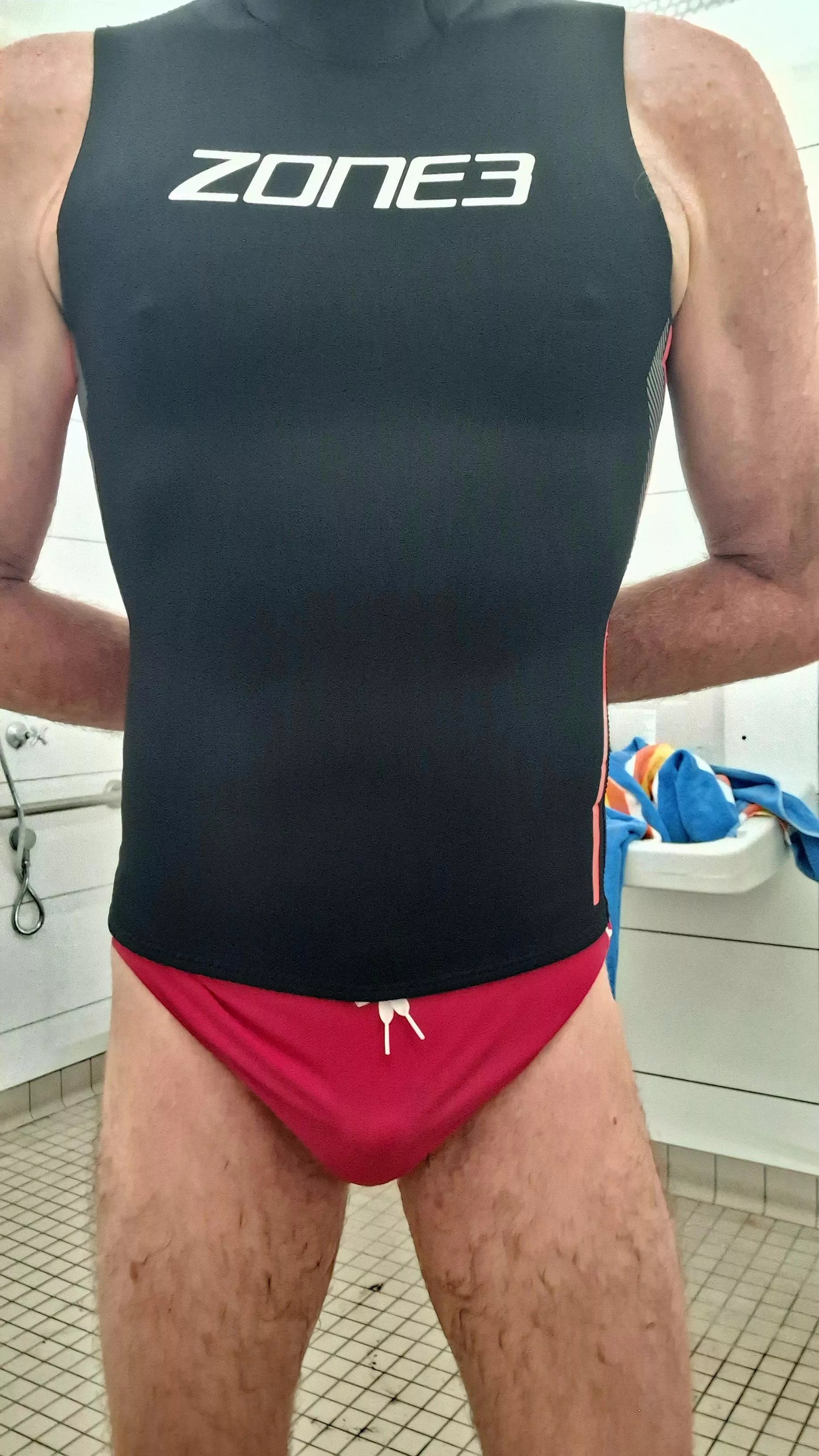 Japanese Arena swimsuit and Zone 3 neoprene vest.