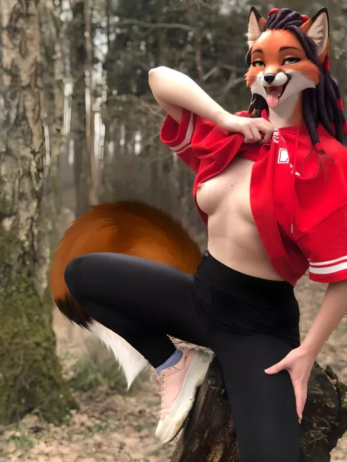 the foxy is waiting for her wolf in the woods😈