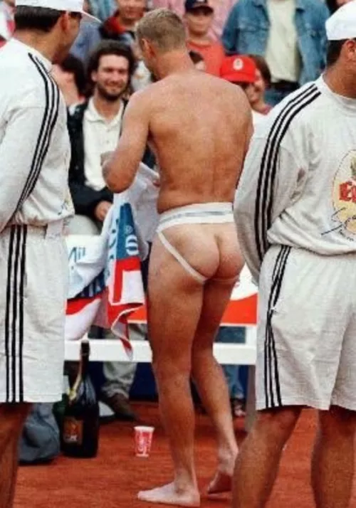 After an exhibition match in 1996, Tennis player Thomas Muster was supposed to auction off his racket for charity... but he decided to sell his clothes too, until he was left in only his jockstrap.