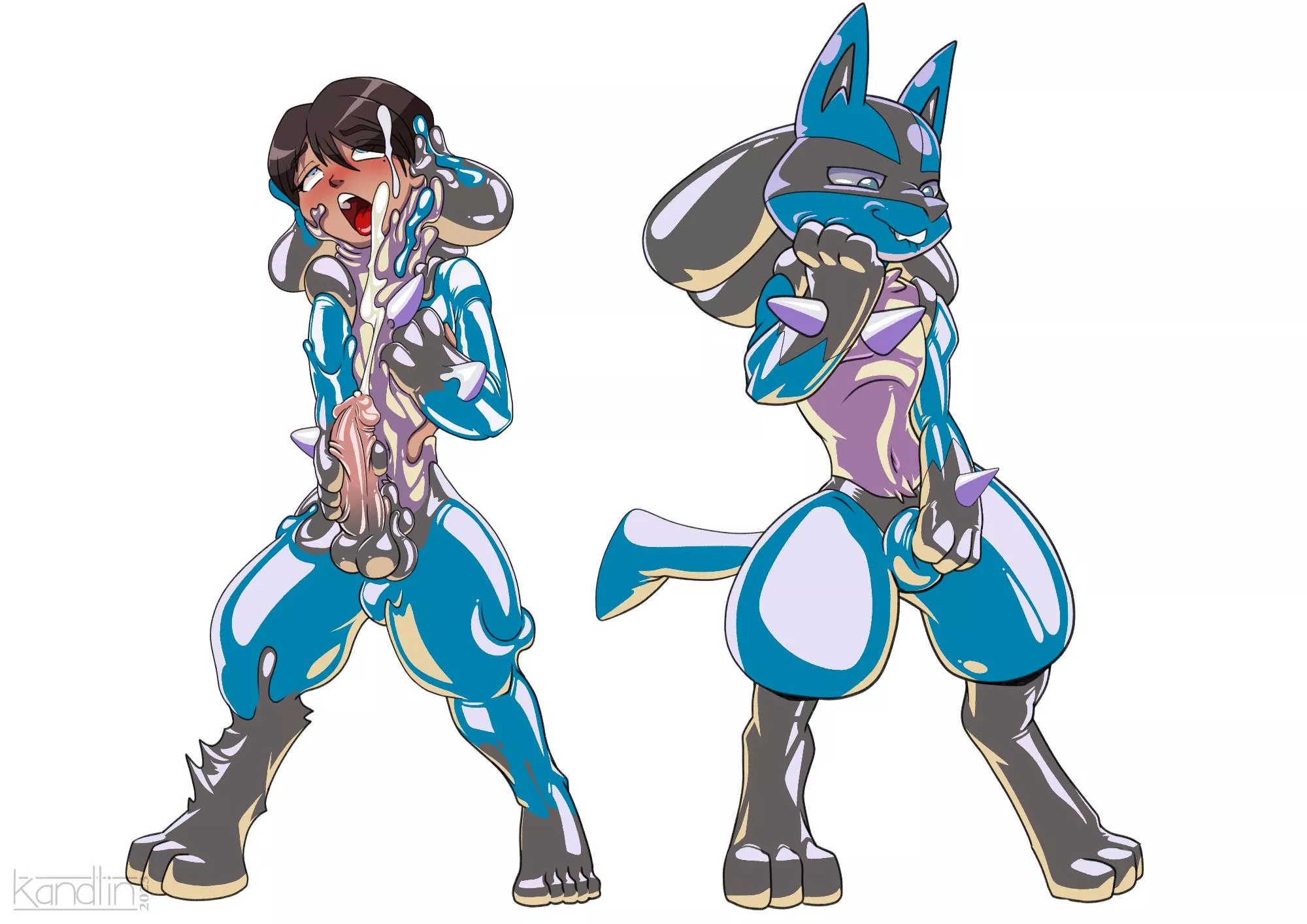 Becoming a rubber Lucario boi, testing my new rubbery member, releasing it's load, before settling into a bulge (kandlin)