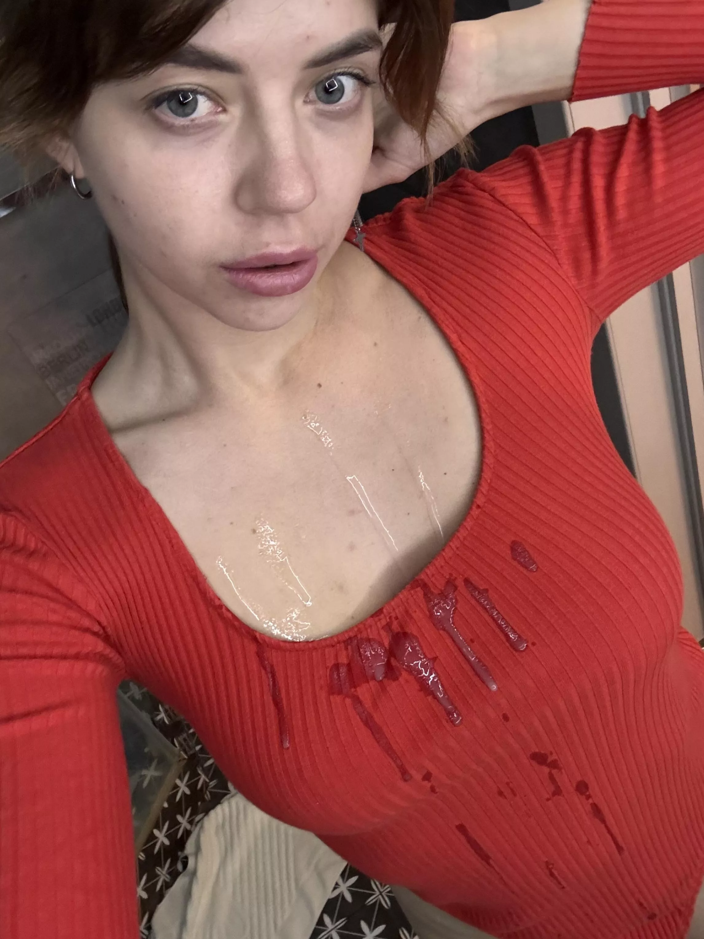 Cum on my red bodysuit makes this outfit even hotter