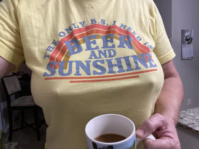 Happy Monday tee shirt... and a big mug of Sanka.