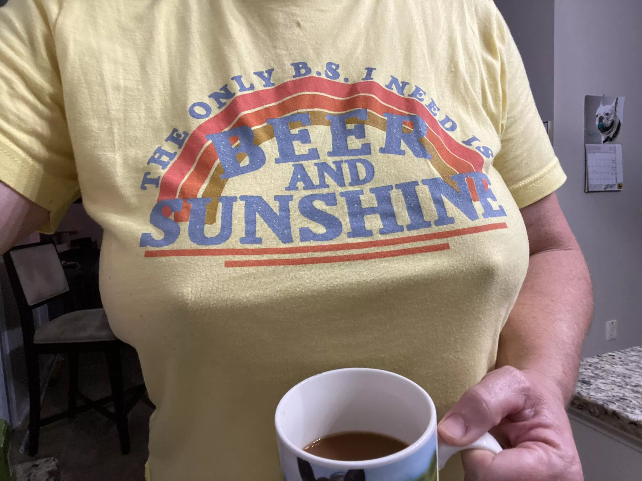 Happy Monday tee shirt... and a big mug of Sanka.