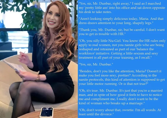 New caption! At Least Until the Divorce #m2f #secretary #feminization #sciencefiction #nanites #stuck #m2ftransformation #caption #gendertransformation #m2fcaption 