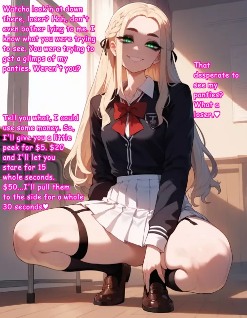 She caught you peeking, but she could use some cash (pricey)[female][suggestive][covering self]