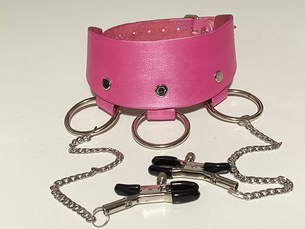 Leather collar with nipple clamps; kinda still a prototype, first part of a bigger, whole-body project I am working on