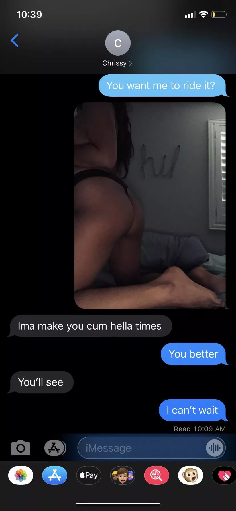 Screenshots that I sent to my little cucky. Hubby paid for the hotel for us and we went to the bar. I rode my bulls cock so good that night 