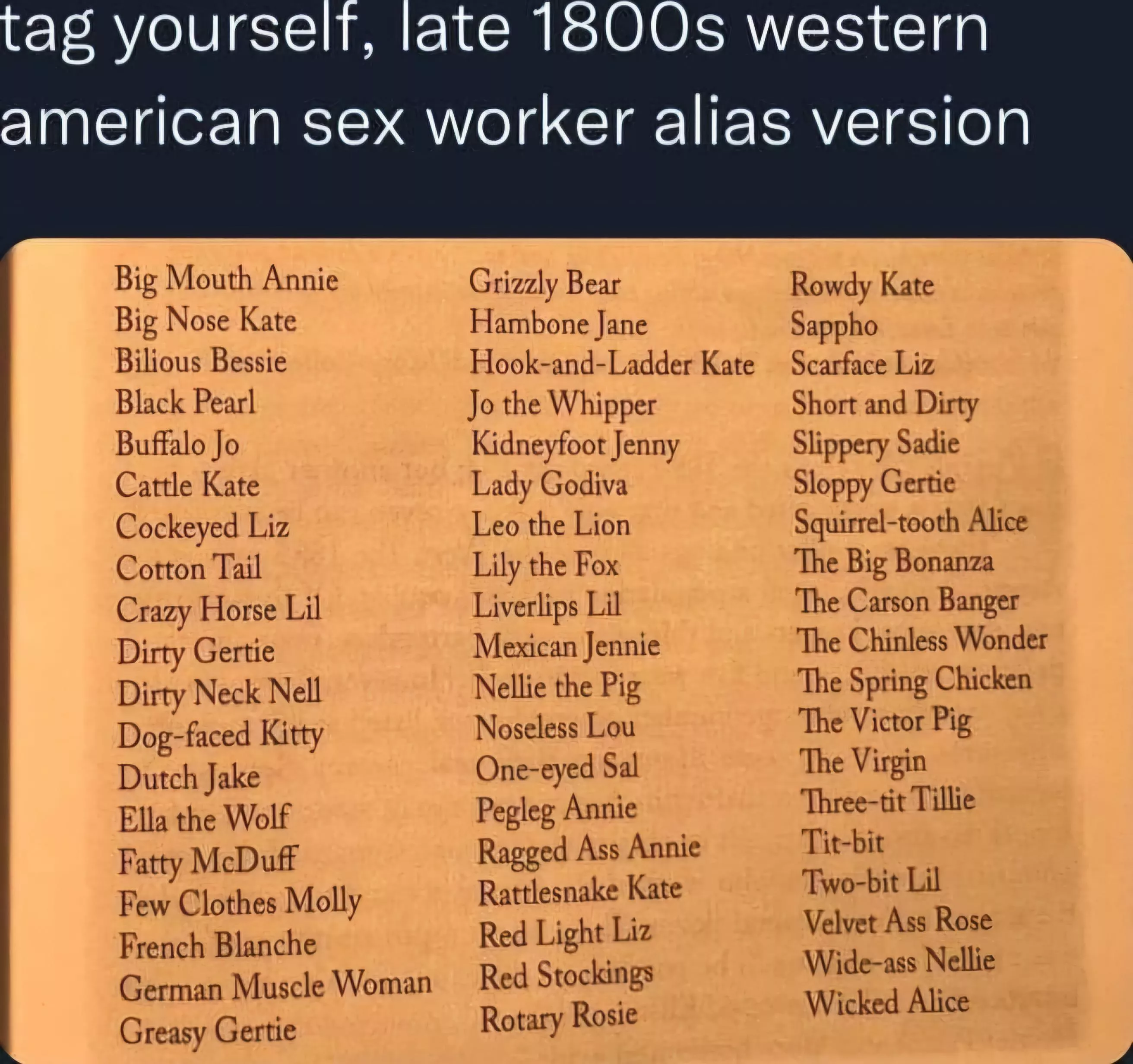 Tag yourself, late 1800 western American sex worker alias version 