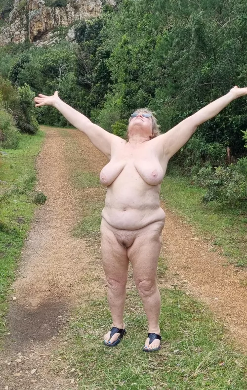 We were hiking in the mountains, just with a back pack (not in the pic), here I am rejoicing in my freedom