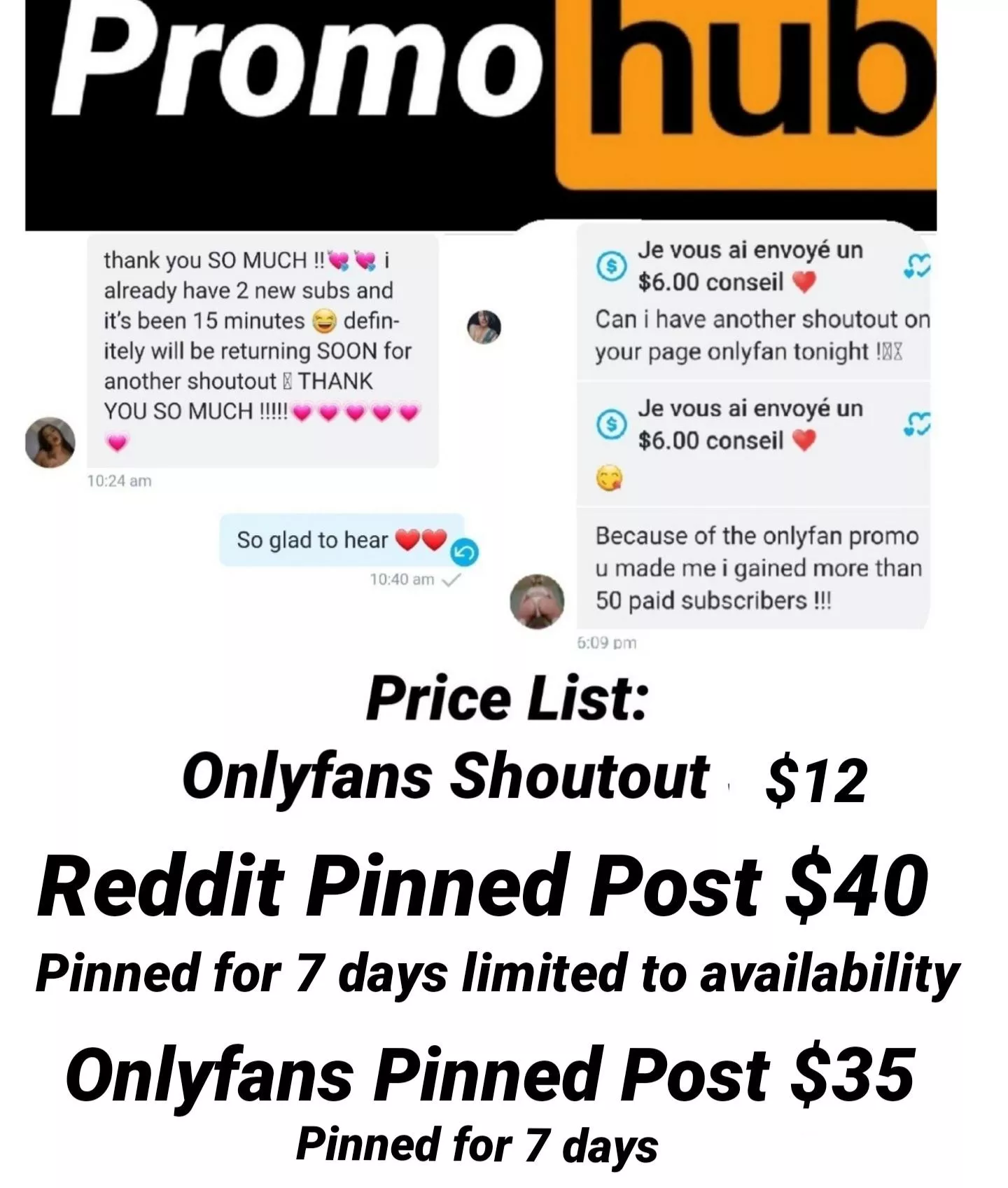 Welcome to Promohub. Feel free to send us a approval request to post to our subreddit freely. If you are looking to fully utilize our network for growth we have promos available just follow our link below and send us a direct message. https://onlyfans.co
