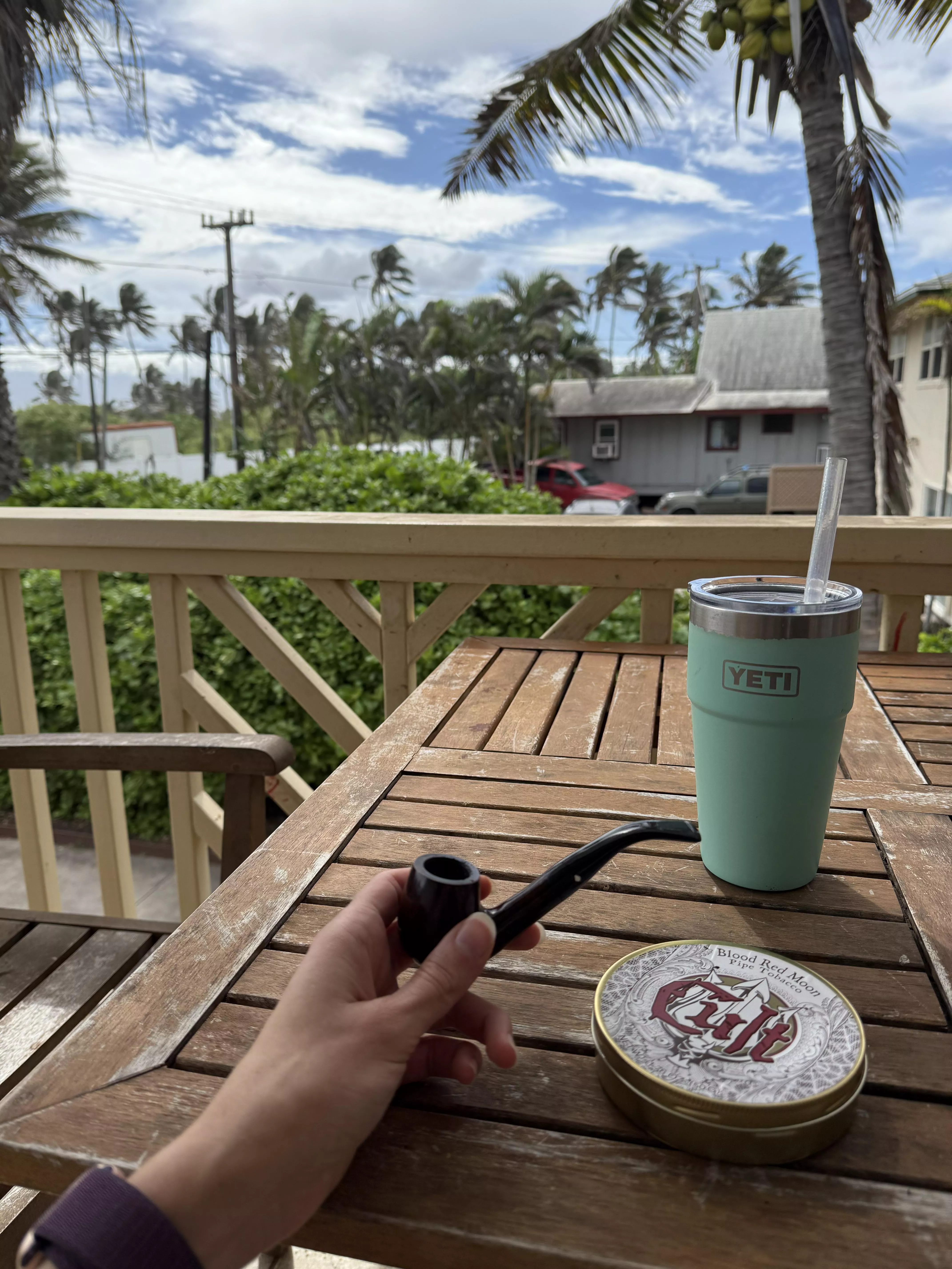 Good morning from Maui. Iced coffee and Cult Blood Red Moonin my Dr. Grabow.
