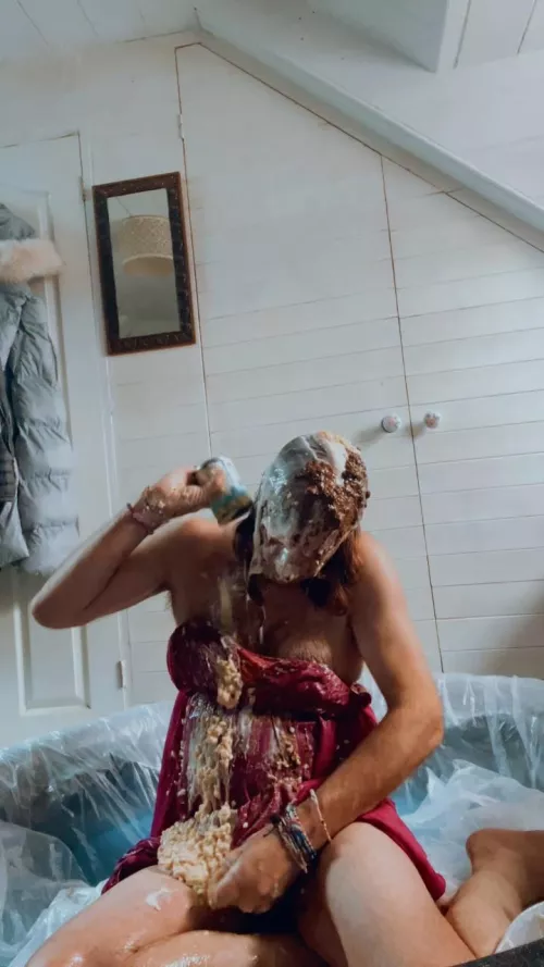 Messy food fun in my pool in evening dress :)