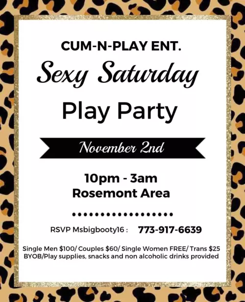 Play Party Saturday Nov. 2nd in Rosemont IL. Open to couples, single women, and limited single men. See more details below..