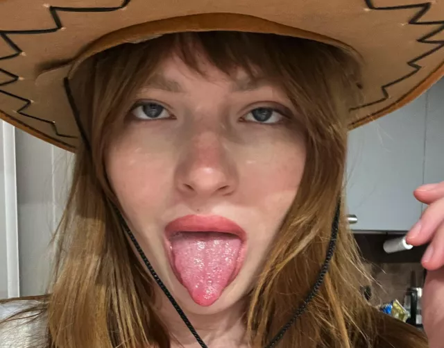 shy and questioning if I'm good enough, in a cowboy hat and an ahegao face