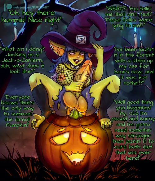 Walking through the woods on Halloween night you find yourself stumbling on a most bizarre ritual. [Futa] [Gobtober] [Halloween] [Masturbation] (Artist: pururart)