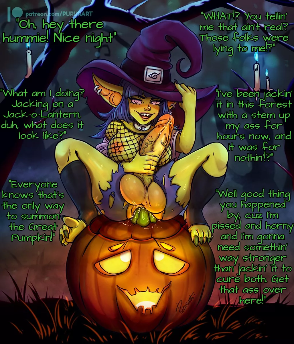 Walking through the woods on Halloween night you find yourself stumbling on a most bizarre ritual. [Futa] [Gobtober] [Halloween] [Masturbation] (Artist: pururart)