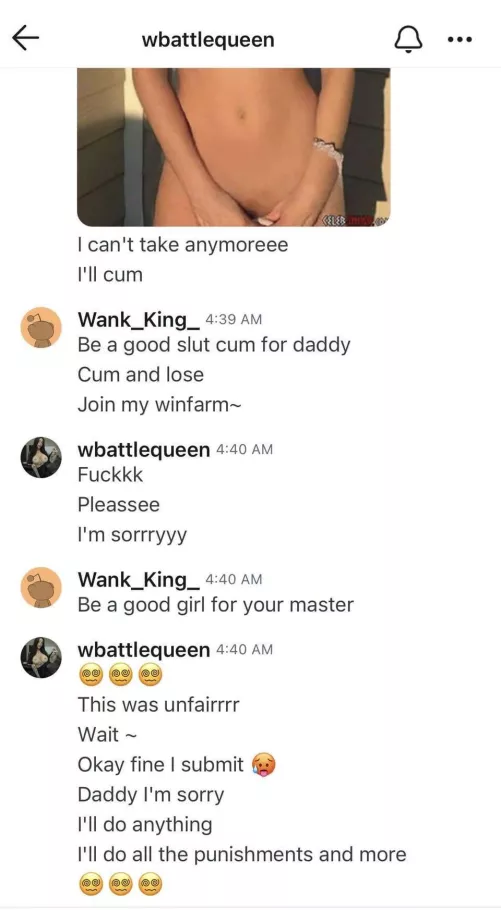 120-0 its honestly so funny how girls start the battle vs how they are during it🤭 they think that because they’re a girl you’ll just submit to them but in reality theyre the biggest sluts just begging to be broken and drained😈💞 if you want t