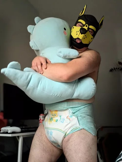 Little puppies love big plushies!