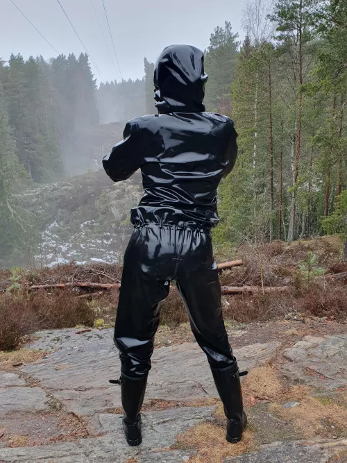 Out in the misty forest, clad in latex!