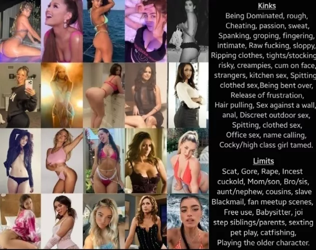 [F4M] I am roleplaying as one of the celebrities in the picture below. Let me know what your scenario idea is and who you would like me to play in it. Please read the Kinks and Limits - Those who ignore them will be blocked.