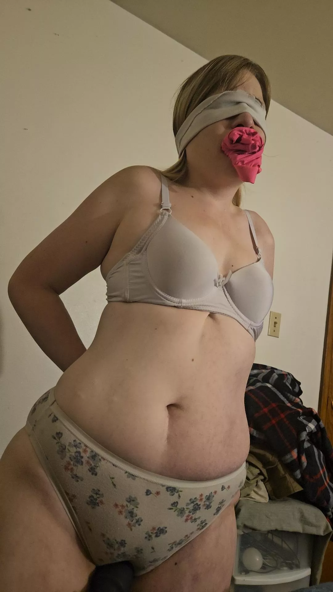 Gagged with panties with his cum and cuffed as i beg to be allowed to cum